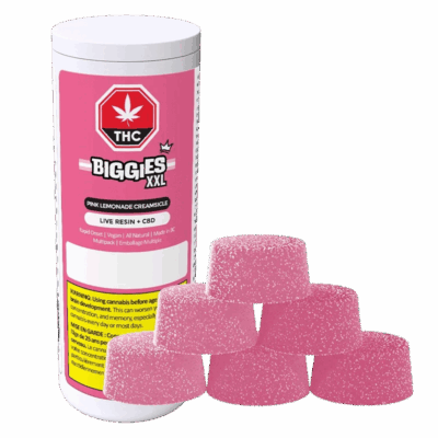 Biggies Multipack of 6, Pink Lemonade Creamsicle, THC 6 x 10mg Live Resin, 20mg CBD, 8 Gram Gummies