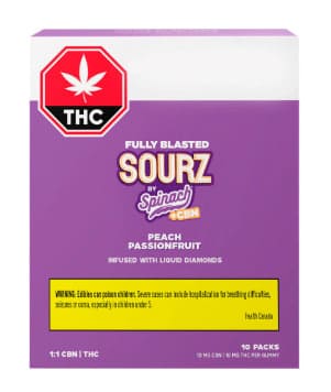 Sourz by Spinach Multipack of 10, Fully Blasted Peach Passionfruit 1:1 CBN | THC Soft Chews